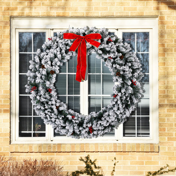 60in Pre-lit Snow Flocked Christmas Wreath, Lighted Artificial Xmas Wreath With 220 Warm White Lights And 600 PVC Tips And DIY Ornaments, For Front Door Gate Wall Xmas Party Decorations, Snowy Green