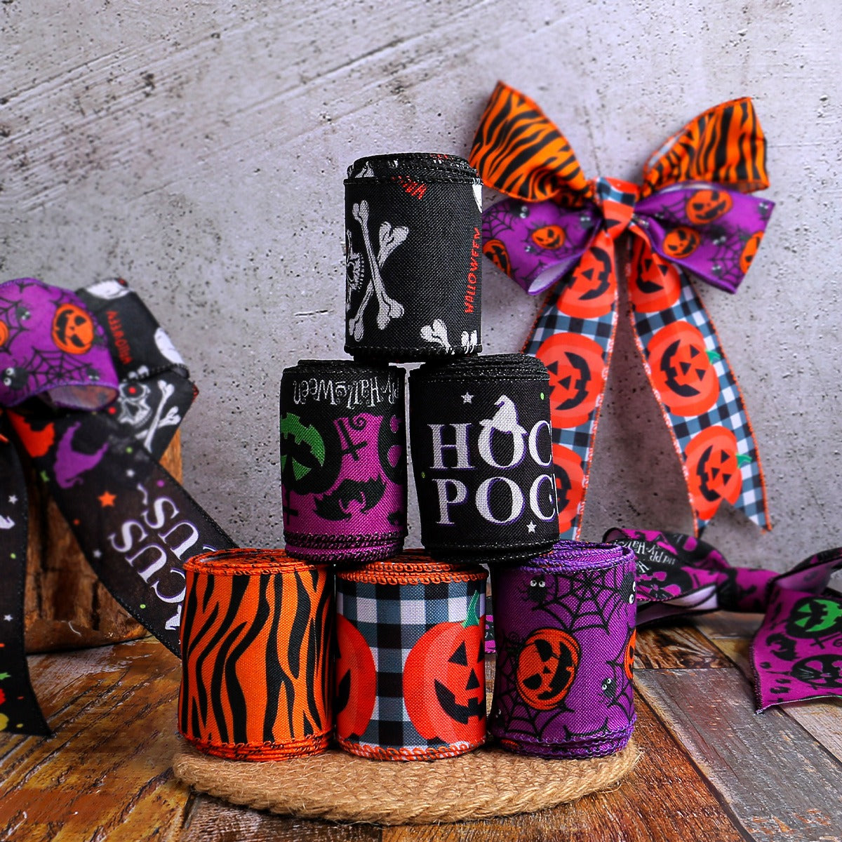 Creative Halloween ribbon checkered pumpkin ribbon Christmas tree decoration ribbon