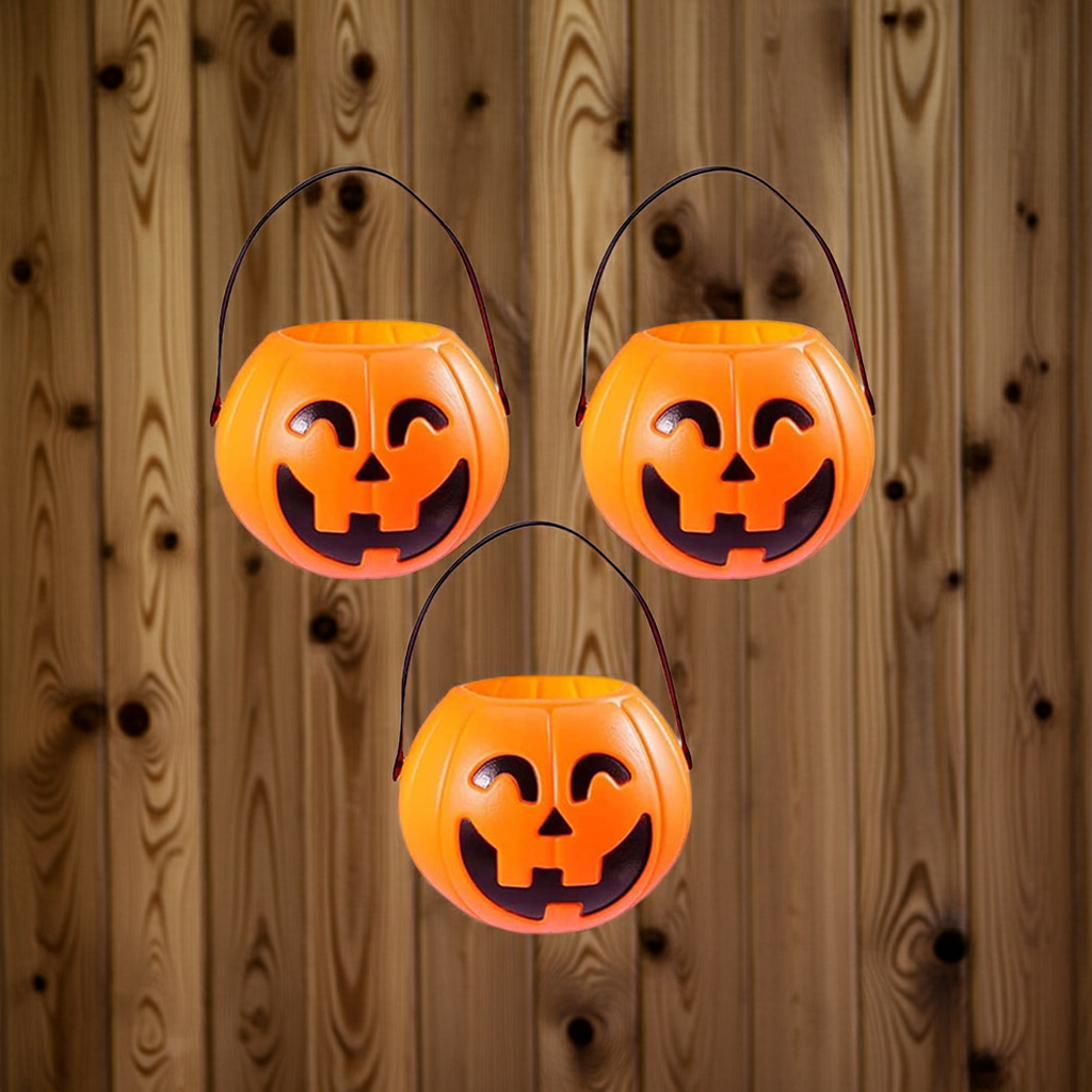 3-Pack 7-Inch Plastic Halloween Pumpkin Buckets - Kids' Trick-or-Treat Candy Holders & Home Decor