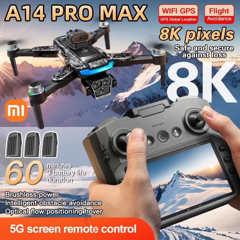 Xiaomi A14Pro max GPS Drone 8K Profesional HD Camera Obstacle Avoidance Brushless Foldable Quadcopter Optical Flow RC Dron Toys