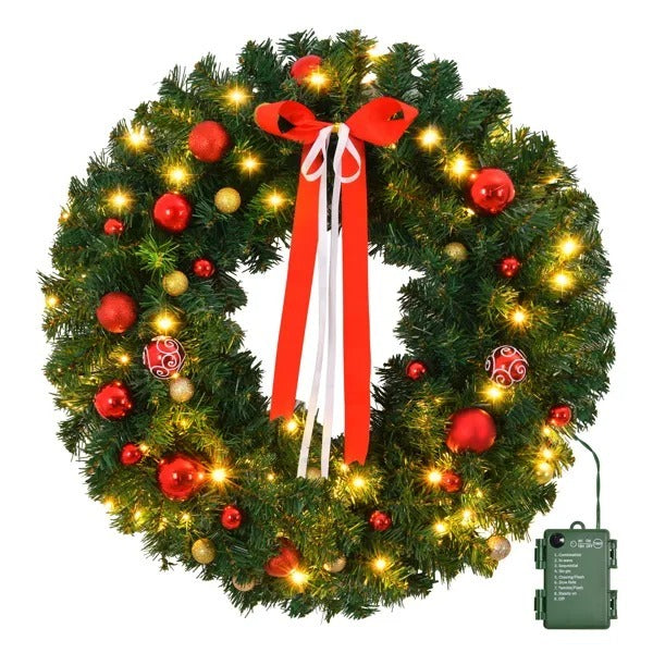36in Pre-lit Battery Powered Christmas Wreath, Lighted Artificial Xmas Wreath With 80 Warm Lights And 270 PVC Tips And 18 DIY Ornaments, For Front Door Gate Wall Xmas Party Decorations