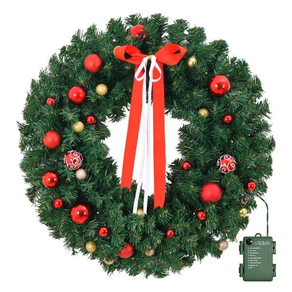 36in Pre-lit Battery Powered Christmas Wreath, Lighted Artificial Xmas Wreath With 80 Warm Lights And 270 PVC Tips And 18 DIY Ornaments, For Front Door Gate Wall Xmas Party Decorations